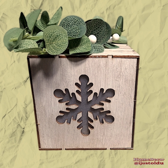 LED Wooden Candle Box with Snowflake & Forest Design | 5″×5″×5″ | Cherry Wood - Picture 6 of 16
